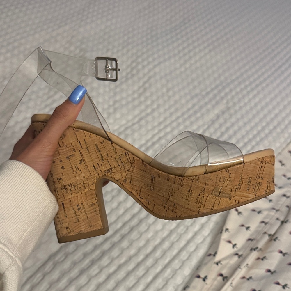 Soda Clear and Tan Block Heel Sandals